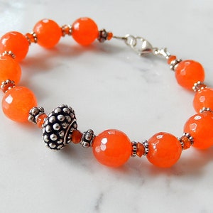 Orange Jade Bracelet, Tangerine Orange, Beaded Bali Silver Jewelry image 1