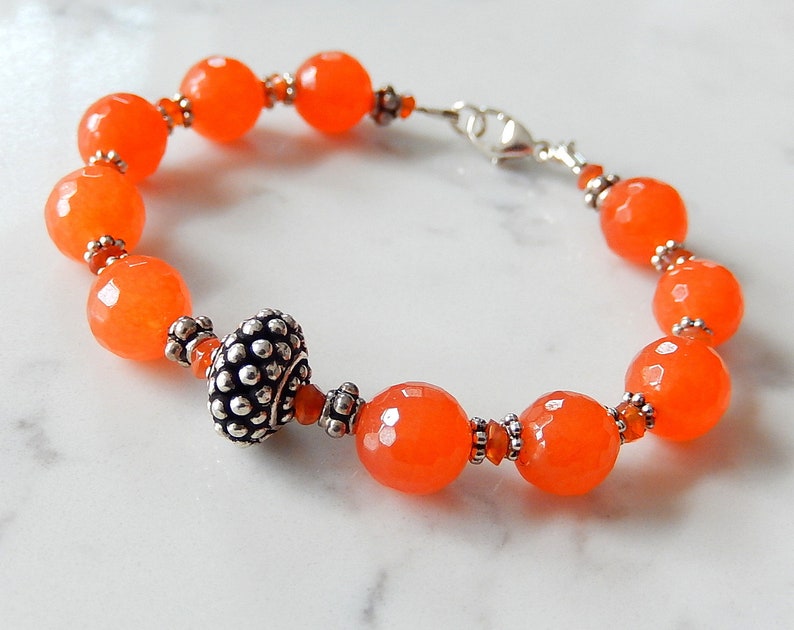 Orange Jade Bracelet, Tangerine Orange, Beaded Bali Silver Jewelry image 1