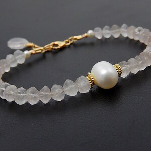 Pink Stone Bracelet, Rose Quartz and Pearl Bracelet, Gold Filled