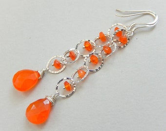 Carnelian Drop Earrings,  Orange Gemstone Drops, Long Sterling Silver Chain Teardrop Earrings