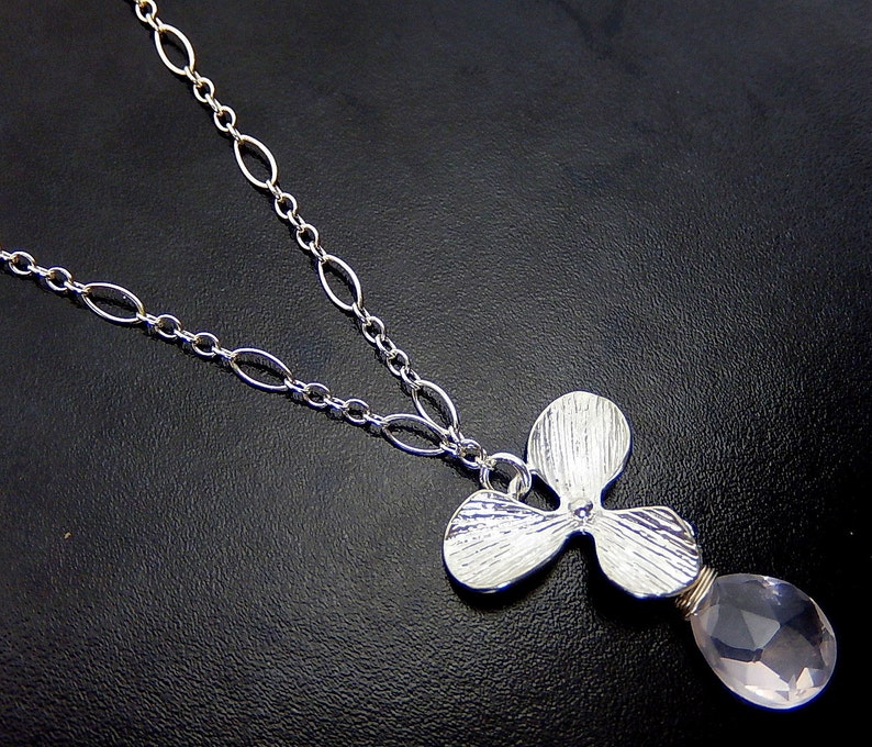 Rose Quartz Necklace, Pink Drop, Silver Orchid, Floral Sterling Silver, Birthstone Jewelry image 1