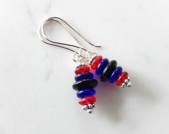 Red Blue Earrings, Glass Stack Dangles, Sterling Silver