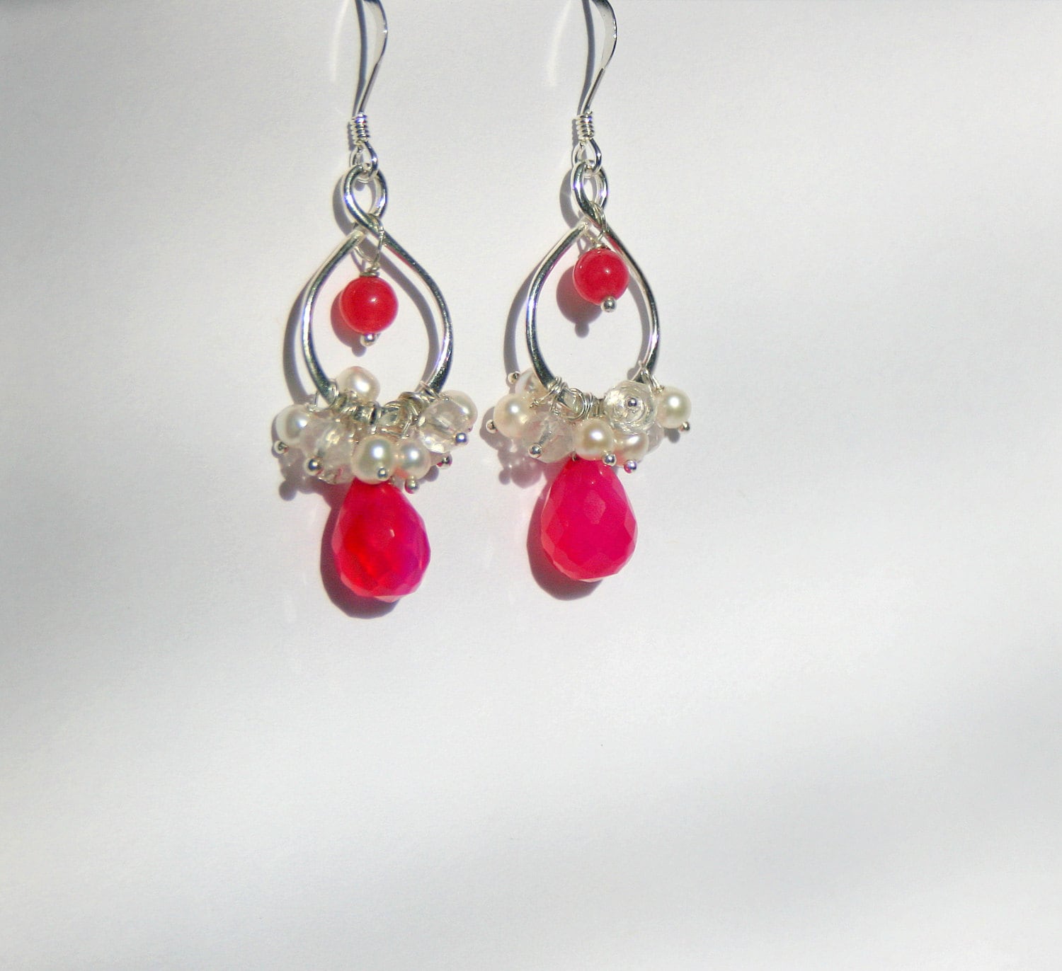 Hot Pink Earrings Pearl Cluster Teardrops Sterling Silver - Etsy