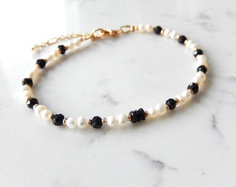 Pearl Spinel Bracelet, Black and White, Beaded Tourmaline Stacking Bracelet, Delicate Bridal Jewelry