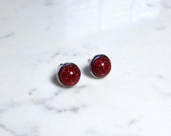 Red Sparkle Stud Earrings, Stainless Steel Resin Posts