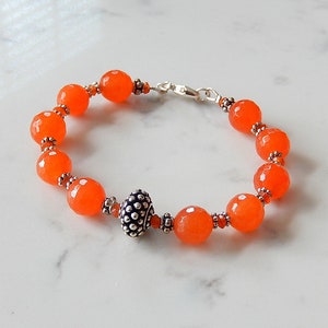 Orange Jade Bracelet, Tangerine Orange, Beaded Bali Silver Jewelry image 3