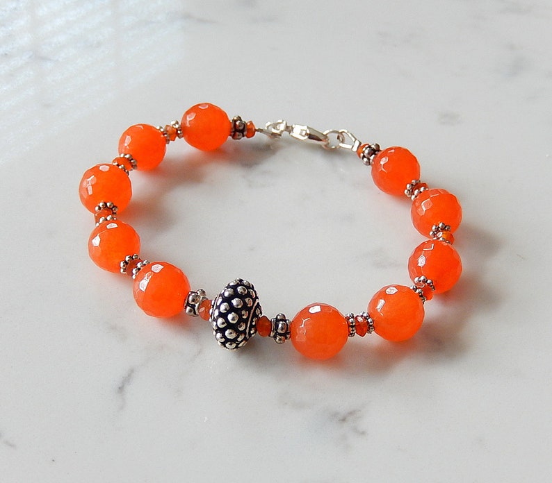Orange Jade Bracelet, Tangerine Orange, Beaded Bali Silver Jewelry image 3
