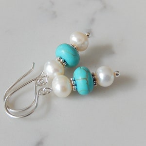 Pearl and Turquoise Earrings, Wagnerite Blue Stack Earrings, Stone Dangles, Sterling Silver image 2