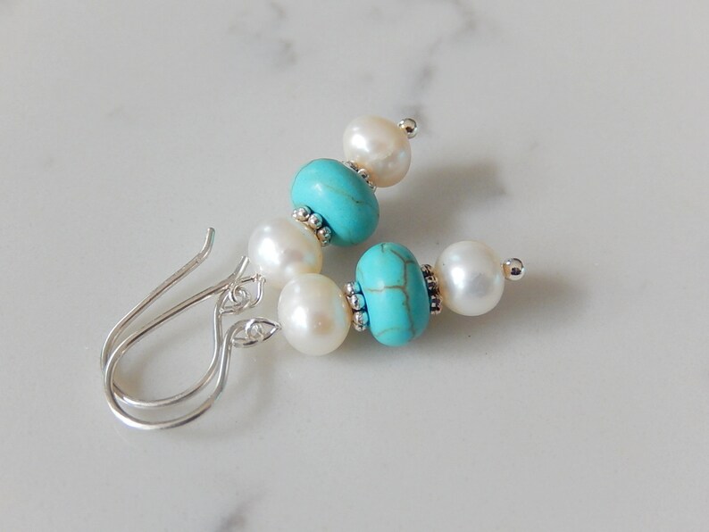 Pearl and Turquoise Earrings, Wagnerite Blue Stack Earrings, Stone Dangles, Sterling Silver image 2