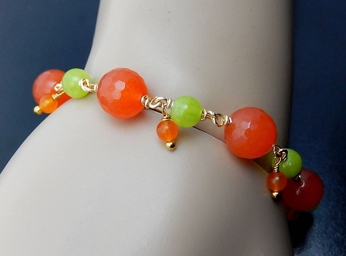 Tangerine Orange Bracelet, Lime Green Orange Stone, Gold Jewelry - Etsy