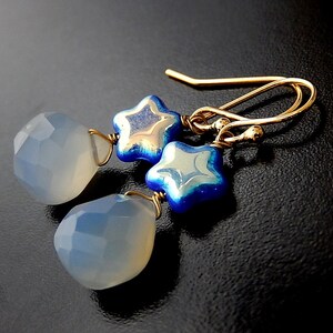 Blue Star Earrings, Chalcedony Drops, Gold Gem Earrings image 3