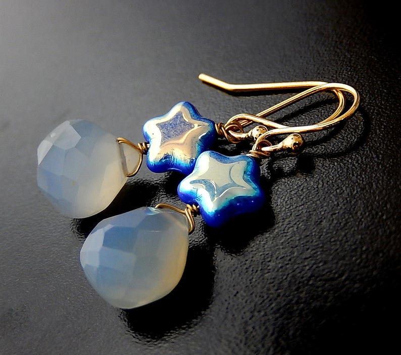 Blue Star Earrings, Chalcedony Drops, Gold Gem Earrings image 3