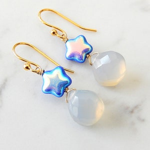 Blue Star Earrings, Chalcedony Drops, Gold Gem Earrings image 1