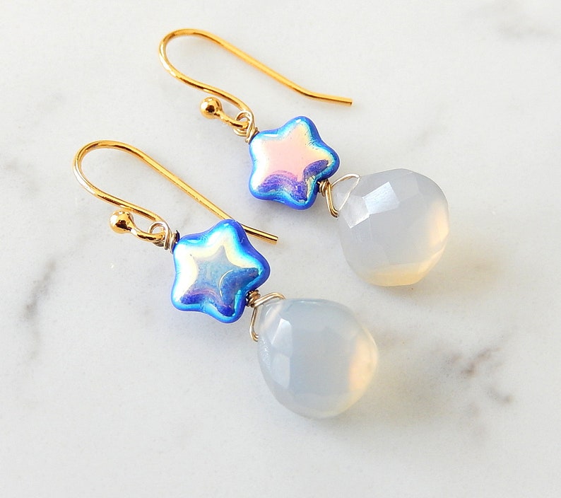 Blue Star Earrings, Chalcedony Drops, Gold Gem Earrings image 1