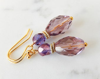 Gold Purple Earrings, Glass Dangles