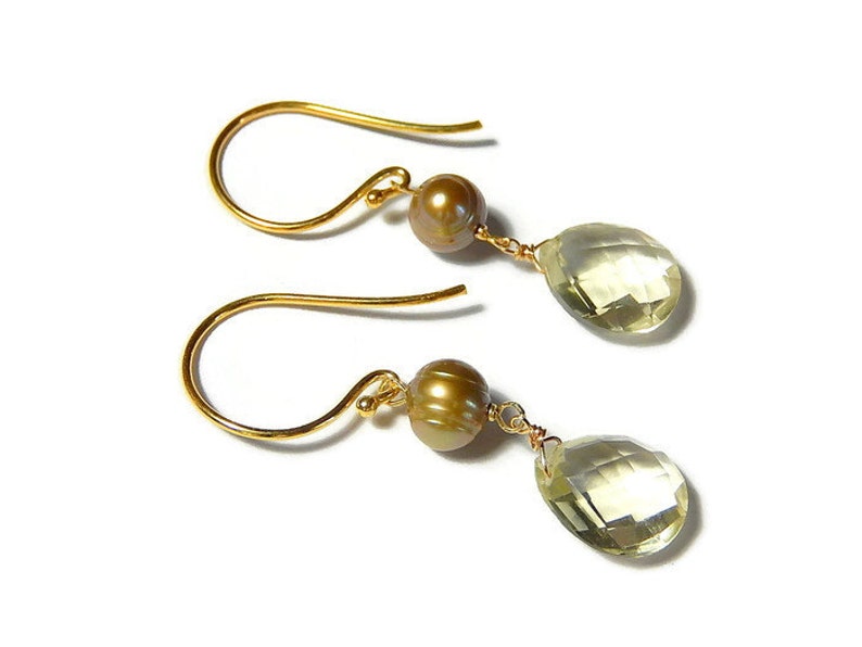 Lemon Quartz Earrings Pearl Earrings Light Yellow Earrings Etsy