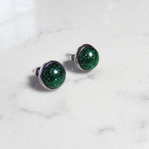Emerald Green Earrings, Resin Studs, Stainless Steel