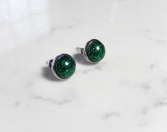 Emerald Green Earrings, Resin Studs, Stainless Steel