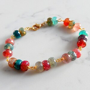 Rainbow Quartz Bracelet, MultiColor Stone, Gold Wire Wrapped Jewelry