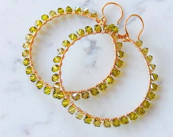 Green Hoop Earrings, Wire Wrapped, Gold Brass Crystal Hoops