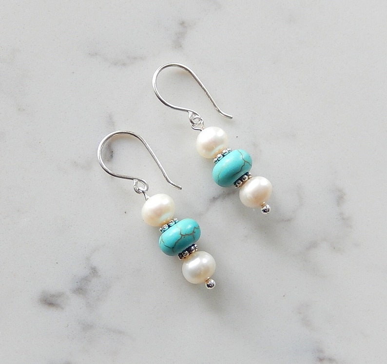 Pearl and Turquoise Earrings, Wagnerite Blue Stack Earrings, Stone Dangles, Sterling Silver image 1