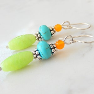 Multicolor Stone Earrings, Colorful Turquoise Stack Earrings, Lime Green Earrings, Sterling Silver image 1