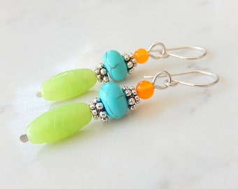 Multicolor Stone Earrings, Colorful Turquoise Stack Earrings, Lime Green Earrings, Sterling Silver