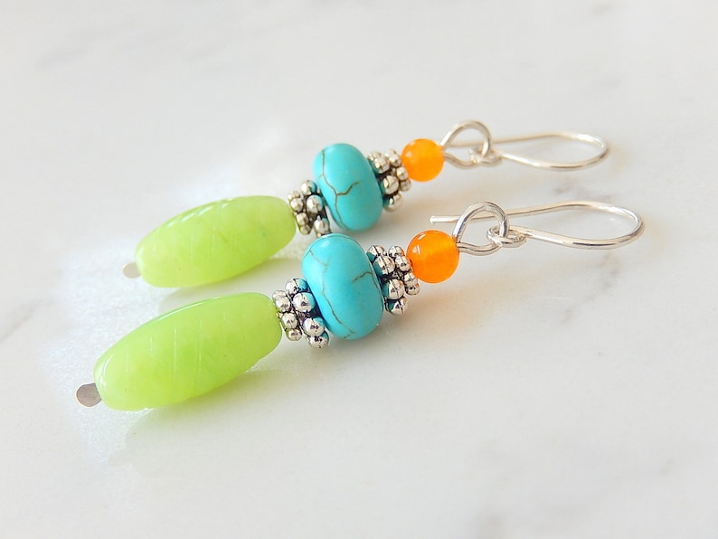 Multicolor Stone Earrings, Colorful Turquoise Stack Earrings, Lime Green Earrings, Sterling Silver image 1