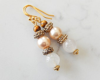 Rose Quartz Earrings, Pearl, Gold Beaded Dangles