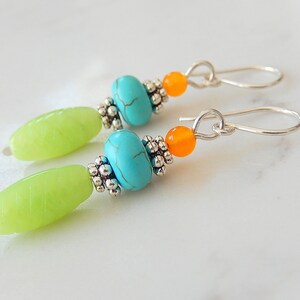 Multicolor Stone Earrings, Colorful Turquoise Stack Earrings, Lime Green Earrings, Sterling Silver image 3