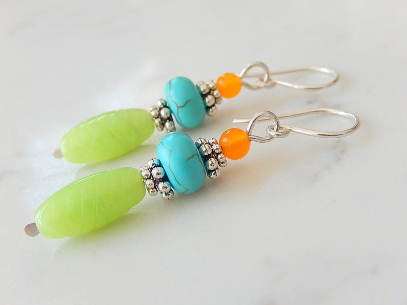 Multicolor Stone Earrings, Colorful Turquoise Stack Earrings, Lime Green Earrings, Sterling Silver image 3