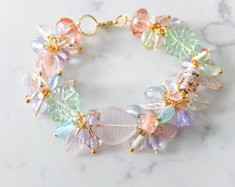 Pastel Cluster Bracelet, Czech Glass Gold Jewelry, Pink Blue Green Bridal Statement