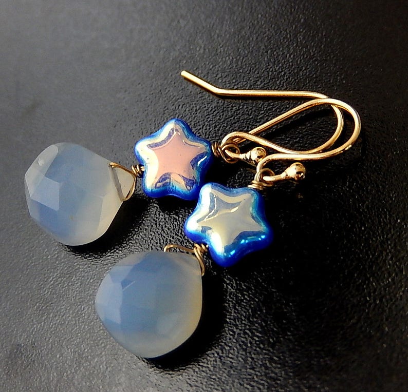 Blue Star Earrings, Chalcedony Drops, Gold Gem Earrings image 4
