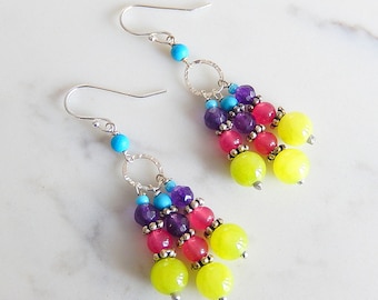 Colorful Chandelier Earrings, Boho Candy Gemstone Dangles, Neon Jade, Sterling Silver