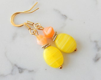 Orange Yellow Earrings, Yellow Dangles, Gold Earrings