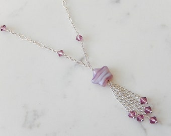 Collar de estrella púrpura, collar de borlas de plata de ley, joyería de vidrio checo