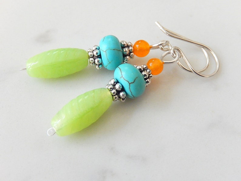 Multicolor Stone Earrings, Colorful Turquoise Stack Earrings, Lime Green Earrings, Sterling Silver image 4