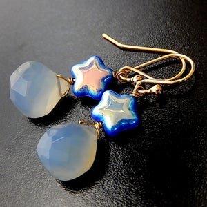 Blue Star Earrings, Chalcedony Drops, Gold Gem Earrings image 2