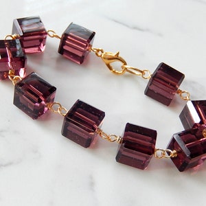 Purple Cube Bracelet, Plum and Gold Chunky Geometric Jewelry