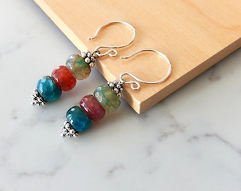 Stacked Quartz Earrings Multi Color Stone Dangles in Sterling Silver