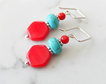 Red Coral Turquoise Earrings, Sterling Silver Teal Blue Dangles