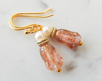 Glass Tulip Earrings, Pink Gold Dangles, Flower Earrings