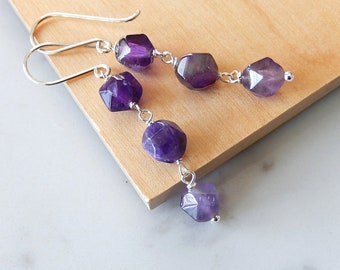 Purple Amethyst Earrings, Long Sterling Silver Dangles