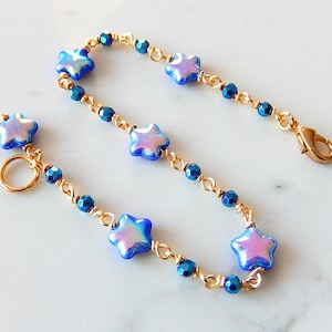 Blue Star Bracelet, Gold Wire Wrapped Celestial Jewelry