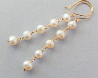 Pendientes largos de perlas, joyas de relleno de oro, piedra de nacimiento de junio