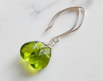 Green Teardrop Earrings, Bright Green Drop Earrings, Sterling Silver