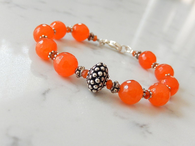 Orange Jade Bracelet, Tangerine Orange, Beaded Bali Silver Jewelry image 6