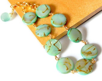 Green Shell Bracelet, Sea Green, Mother of Pearl, Chalcedony, Sea Foam Green Gold Link Bracelet