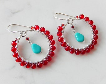 Red Beaded Hoop Earrings, Garnet Red Glass Dangles, Sterling Silver