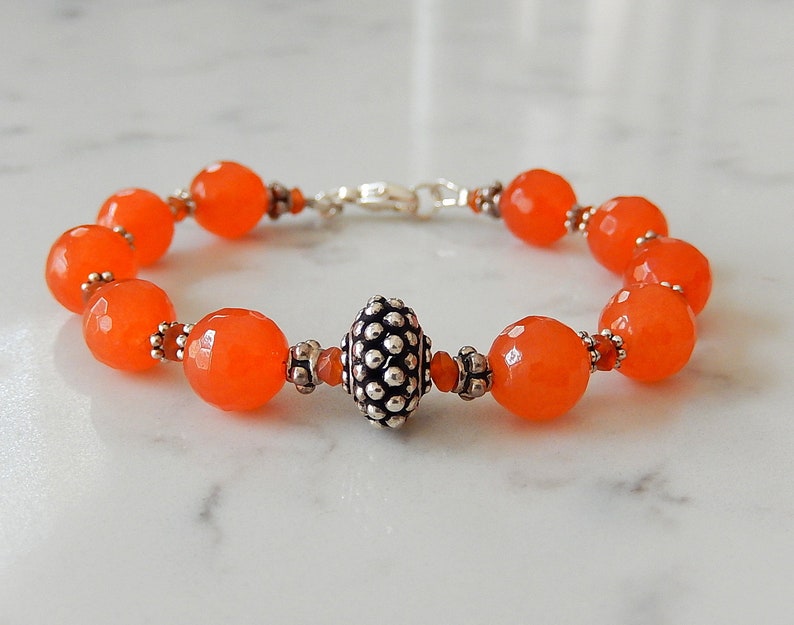 Orange Jade Bracelet, Tangerine Orange, Beaded Bali Silver Jewelry image 5